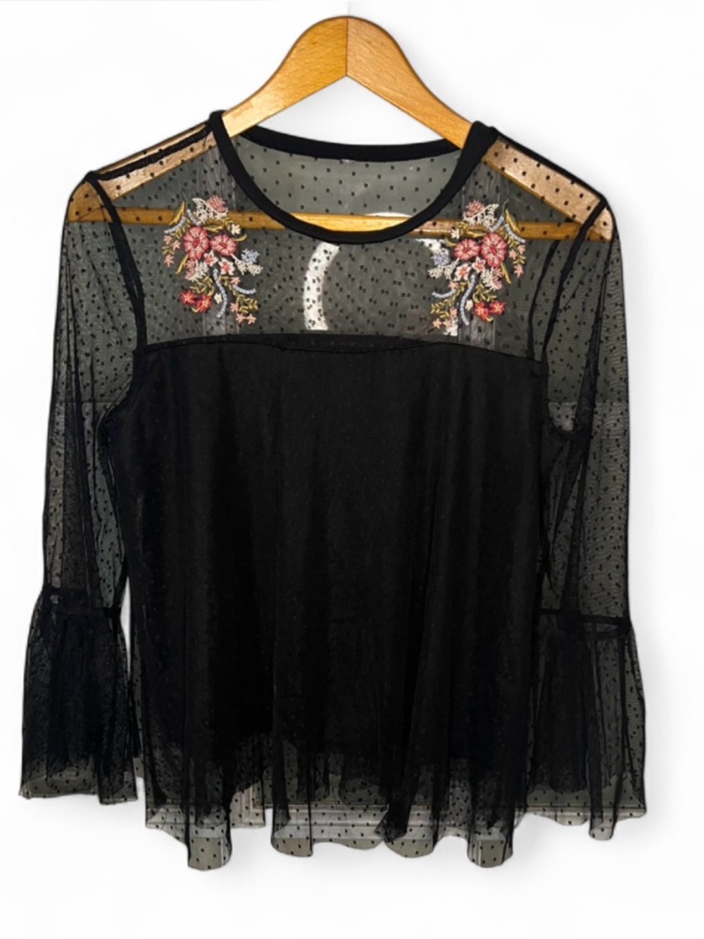 Sheer Black Mesh Embroidered Floral Top Polka Dot Bell Sleeve
